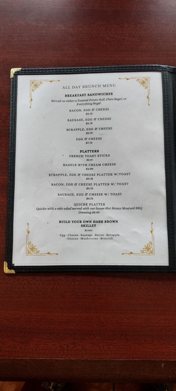 Pemberton Coffeehouse all-day brunch menu — breakfast sandwiches, French toast sticks, scrapple platters, hash brown skillet