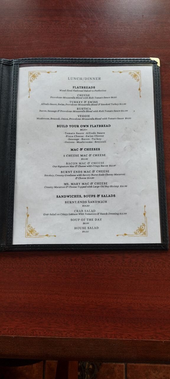 Pemberton Coffeehouse lunch and dinner menu — flatbreads, mac and cheese with Old Bay shrimp, burnt ends sandwich, crab salad