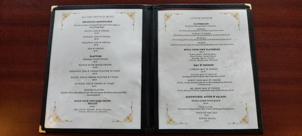 Pemberton Coffeehouse open menu — brunch on the left page, lunch and dinner on the right